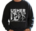 Men's Usher Past Present Future Black Sweatshirt - Adult wearing premium R&B legend loungewear