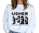Women's Usher Past Present Future White Sweatshirt - Female wearing luxe R&B throwback streetwear