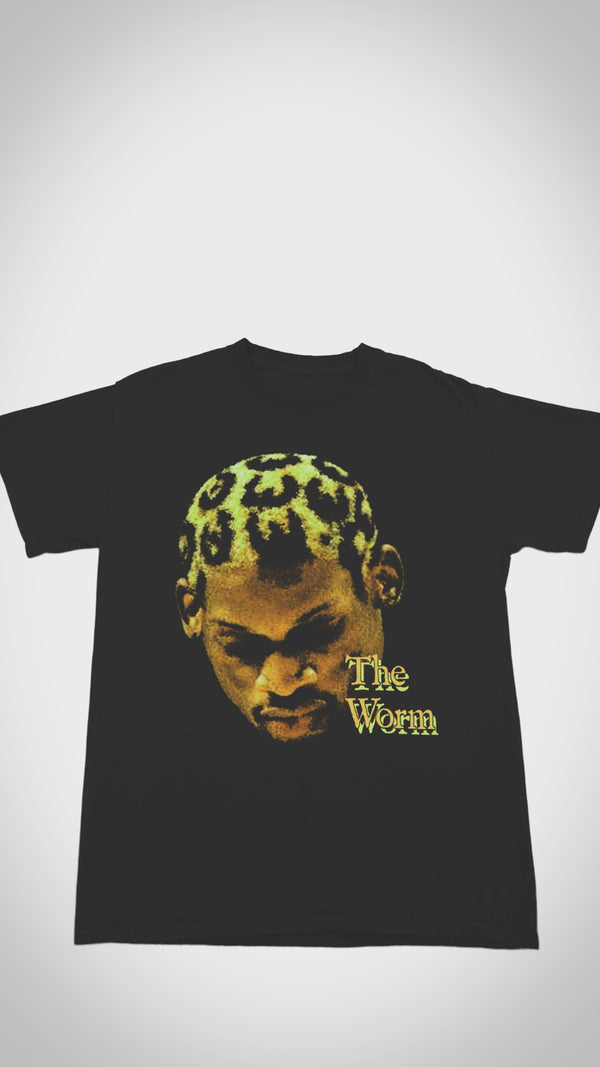 Dennis Rodman 'The Worm' graphic tee - Video close-up of iconic nickname design on soft, vintage-washed fabric for casual NBA fan wear.