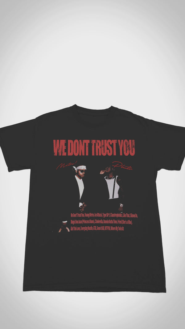 Metro Boomin 'We Don't Trust You' T-shirt - Close-up video shows heavyweight distressed cotton, cracked 'Heroes & Villains' sequel graphics, and reinforced stitching for trap authenticity.