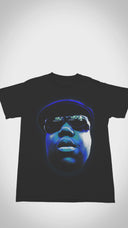 Video close-up of Biggie Smalls graphic T-shirt highlighting the bold print quality and soft fabric texture.